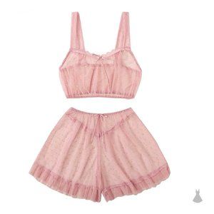 🎉 3/30 Host Pick! 🎉 Pink Dotted Mesh Cami with Ruffle Hem Shorts - Size Medium